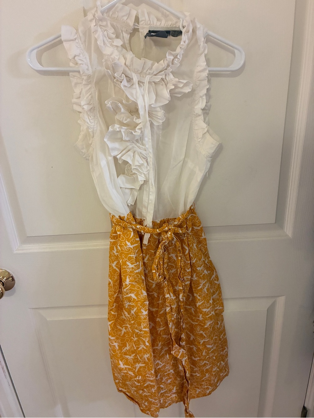 Women’s Ruffled White & Yellow Floral Tie-Waist Dress